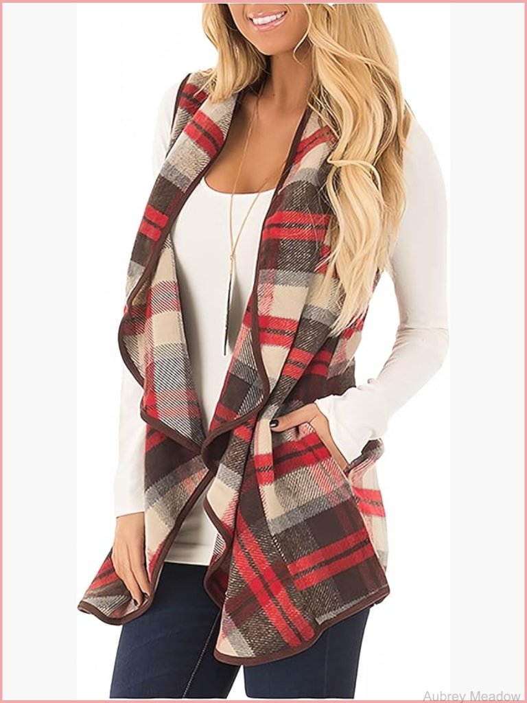 Womens Buffalo Plaid Vest Lapel Open Front Sleeveless Cardigan With Pockets